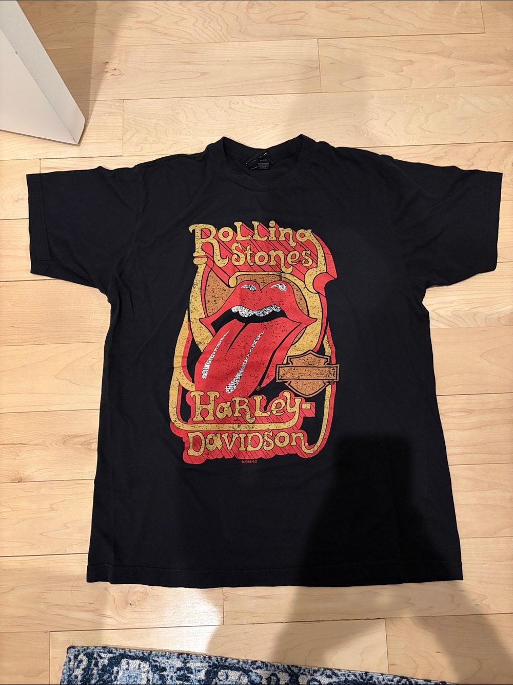 Harley-Davidson Black Tee with Red & Gold Rolling Stones Graphic